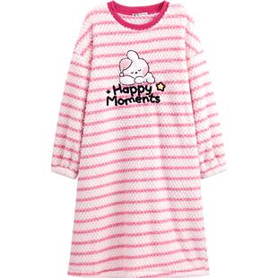 芬腾睡裙女秋冬季珊瑚绒长袖睡衣裙可爱布朗熊保暖加绒加厚中长裙