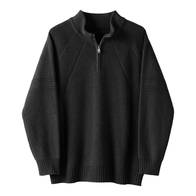 LUUD 几何拼接纹理半拉链立领毛衣男冬季重磅810G纯色百搭针织衫