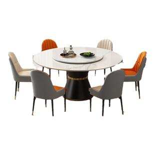 蓝色理想圆形岩板餐桌椅2026新款家用大理石圆桌饭店带旋转圆转盘