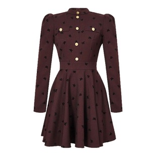 2025新款红色香风显高小个子连衣裙秋冬装小香风蓬蓬裙收腰立领女