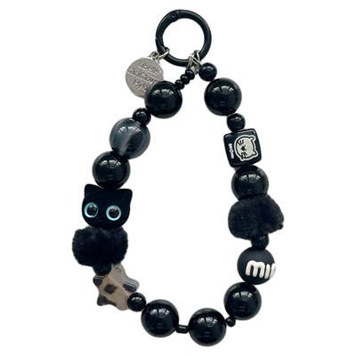 小众可爱黑毛绒猫咪新款手机挂绳短款相机挂件手工串珠通用手机壳拍照防丢保护手机绳手腕款手机挂件精致吊绳