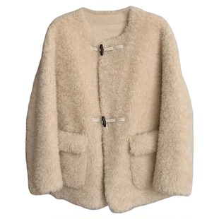 秋日暖阳/宽松慵懒牛角扣圆领100羊羔毛皮毛一体皮草毛毛外套女冬