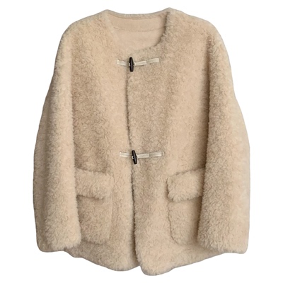 秋日暖阳/宽松慵懒牛角扣圆领100羊羔毛皮毛一体皮草毛毛外套女冬