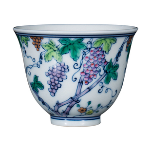 钟家窑主人杯单杯景德镇柴窑青花手绘斗彩葡萄铃铛杯个人功夫茶具