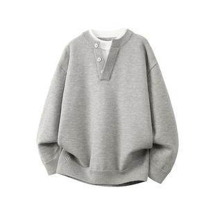 V37美式灰色V领针织衫男秋冬季简约cleanfit宽松休闲百搭情侣上衣