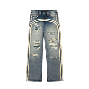 Racer Worldwide 25ss 破坏补丁水洗做旧条纹牛仔Baggy长裤