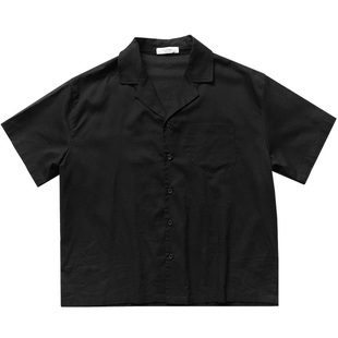 日系复古小众高级感天丝亚麻短袖衬衫男款夏季宽松古巴领五分半袖