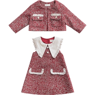 女童小香风裙子套装冬季2026新款洋气儿童秋冬红色过年加厚连衣裙
