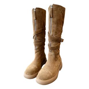 美德拉真皮翻折长筒靴女2025秋新款麂皮褶皱靴子英伦风复古骑士靴