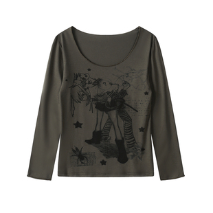 Double L2 美式复古假两件斜肩长袖t恤女春季新款设计感宽松上衣