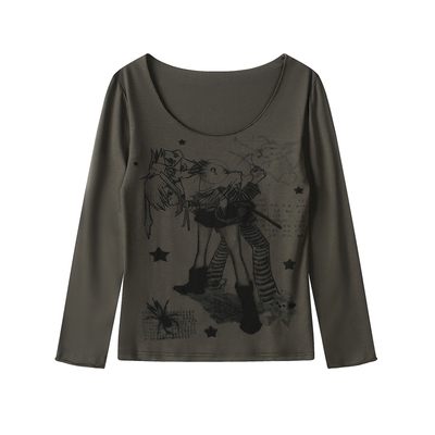 美式复古假两件斜肩长袖t恤女