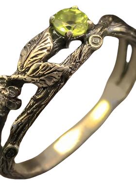树枝叶子花朵天然橄榄石戒指纯银
