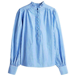 HM女装衬衫春季半开襟时尚通勤休闲褶皱领棉质花边衬衣衫1270106