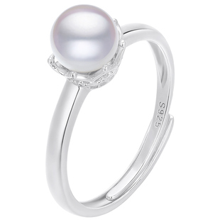 黛米珠宝 浮花 6-7mm正圆海水akoya珍珠戒指可调节S925银-配证书