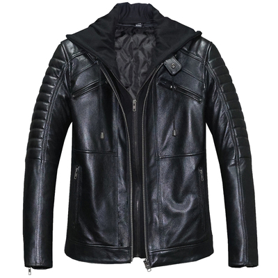 男士机车头层牛皮脱卸帽真皮皮衣