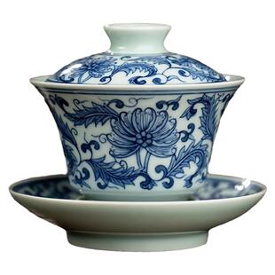 三勤堂景德镇功夫茶具泡茶器陶瓷手绘青花凤尾马蹄三才盖碗泡茶碗