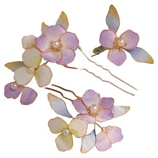 新中式新娘造型头饰后压淡色系仿真花发夹结婚礼服汉服发饰盘发