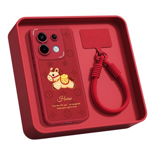 新年印花小马适用红米Note13Pro手机壳RedmiNote13Pro+小米新款redmi小羊皮硅胶5G红色2026马年过年套防摔后