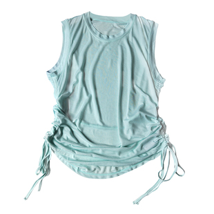 竹节纱夏季透气瑜伽上衣女宽松圆领无袖运动上衣下摆抽绳瑜伽罩衫