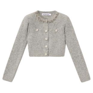 self-portrait 2026早春新款浅灰色钻饰毛绒针织毛衫外套上衣