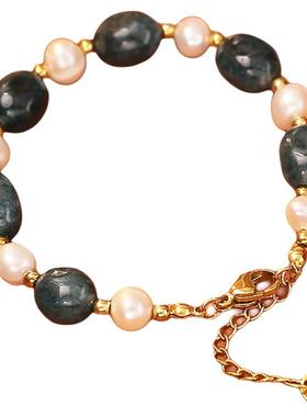 天然淡水珍珠墨绿玉石手链高级感轻奢时尚手串简约小众设计感手饰