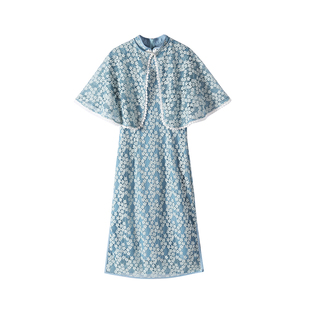 麓津自制《青黛》复古新款少女披肩改良旗袍连衣裙子蕾丝两件套