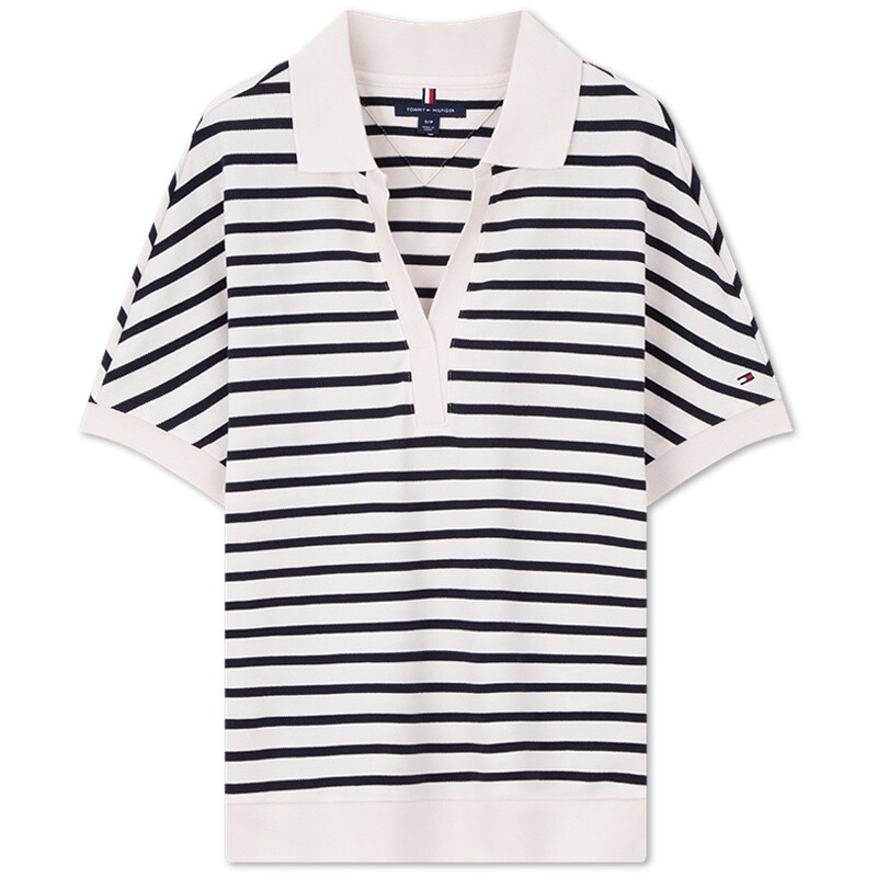 Tommy女装条纹宽松V字领POLO衫