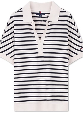 Tommy女装条纹宽松V字领POLO衫