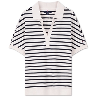 Tommy春夏女装莱赛尔微弹高级感优雅通勤条纹宽松V领短袖T恤POLO