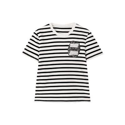 PIT复古设计感黑白条纹爱心印花T恤女夏新款宽松圆领短袖上衣