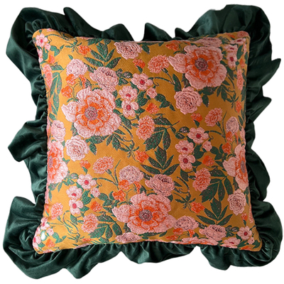 靠枕牡丹花荷叶边圆形抱枕祖母绿