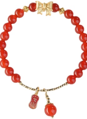 天然玛瑙蝴蝶结福牌安康手链女