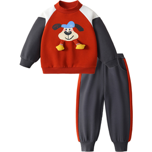 MQDmini男童套装加绒卫衣卫裤2025新款冬季儿童红色洋气拜年服