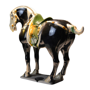 仿古法唐三彩中国马黑马摆件别墅酒店中式复古陶瓷艺术品客厅装饰