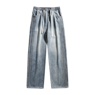 加绒牛仔裤男秋冬季美式风复古休闲裤子男高街宽松直筒保暖长裤男