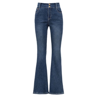 YUNSHUO 新款微喇牛仔裤女高腰排扣皮标字母刺绣喇叭裤198018