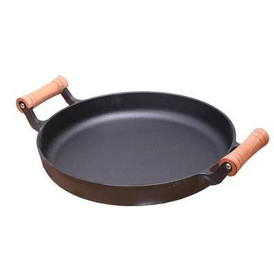 铸铁加厚煎锅木柄熬子烙饼平底锅煎牛排锅水煎包生铁无涂层不粘锅
