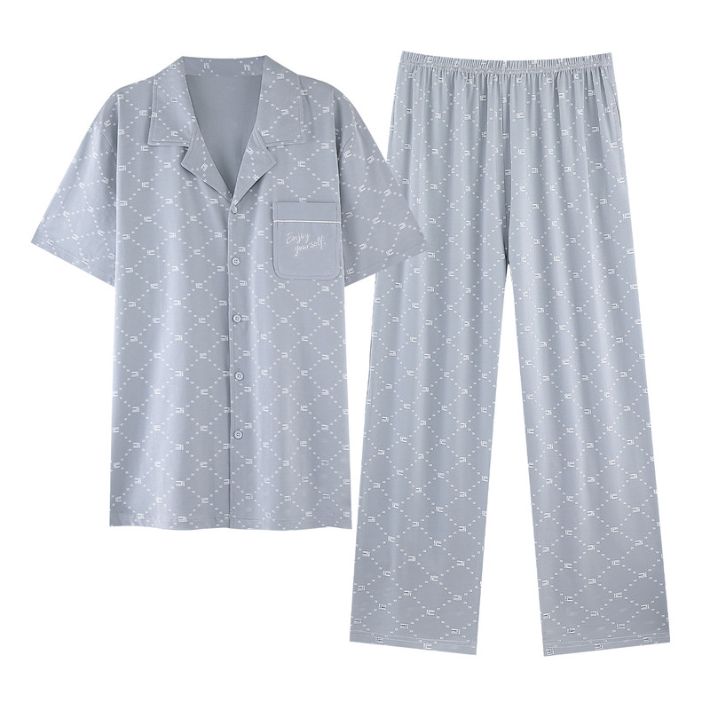 猫人男士睡衣夏季纯棉凉感中老年人爸爸短袖长裤可外穿家居服套装