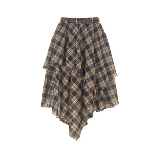 wana try不规则格纹棕色半身裙含腰带2025秋季新款休闲女款休闲裙