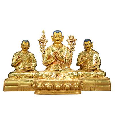 全鎏金宗喀巴三尊铜像摆件