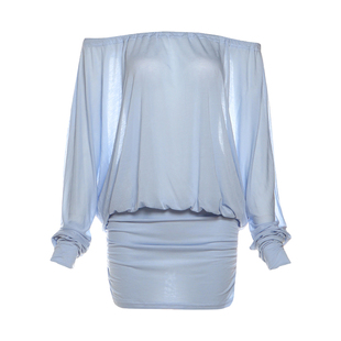 怪诞女孩 纯欲度假风蓝色一字肩长袖连衣裙女 系带露背辣妹包臀裙