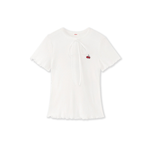 樱桃KIRSH 经典圆领刺绣短袖T恤女025夏季新款白色甜美显瘦上衣