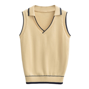 【包邮】美式复古辣妹风翻领针织马甲女短款修身显瘦撞色上衣背心