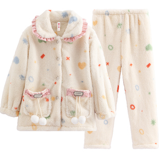 芬腾服饰女童睡衣秋冬季珊瑚绒亲子套装儿童中大童加厚母女家居服