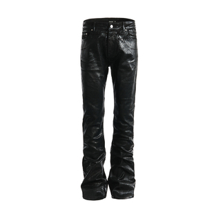 PMW 12.5OZ棉弹重磅爆裂纹涂层斑驳牛仔裤微喇休闲百搭牛仔蜡裤