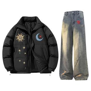 查尔斯桃心90鸭绒立领羽绒服休闲套装男冬季新款直筒牛仔裤两件套