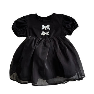 夏季婴儿短袖连衣裙女孩宝宝甜美蝴蝶结泡泡袖公主裙洋气网纱裙子