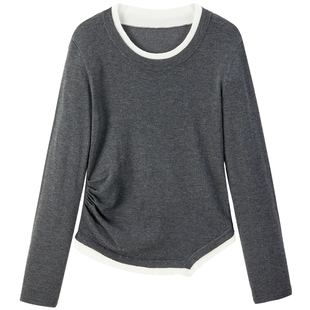 太平鸟含绵羊毛假两件打底线套衫女冬装款内搭针织上衣女