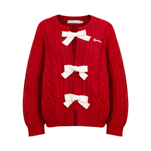 赵今麦同款 Kroche 立体蝴蝶结绞花灯笼泡泡袖本命年新年红毛衣