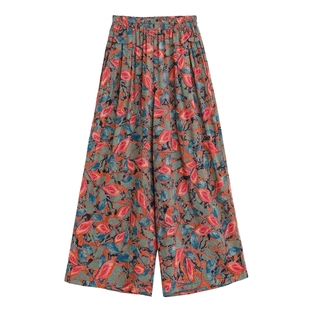 中老年妈妈纯棉绸女裤子夏季薄款大码休闲九分裤宽松垂坠感阔腿裤